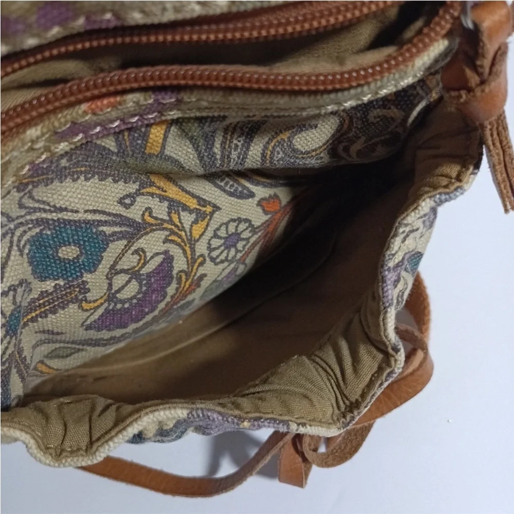 Fossil Vintage Cotton Floral Print Crossbody bag In Tan With Brown Leather Strap